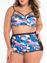 Casual Patchwork Spaghetti Strap Plus Size Swimwear In Abstract Print