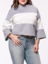 Casual Color Block Striped Band Collar Plus Size T-Shirt