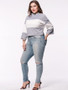 Casual Color Block Striped Band Collar Plus Size T-Shirt