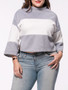 Casual Color Block Striped Band Collar Plus Size T-Shirt