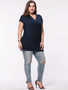 Casual Longline V-Neck Pocket Solid Plus Size T-Shirt With Contrast Button