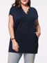 Casual Longline V-Neck Pocket Solid Plus Size T-Shirt With Contrast Button