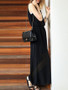 Casual Deep V-Neck Elastic Waist Hollow Out Plain Chiffon Wide-Leg Jumpsuit