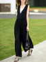 Casual Deep V-Neck Elastic Waist Hollow Out Plain Chiffon Wide-Leg Jumpsuit