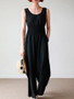 Casual Round Neck Elastic Waist Pocket Plain Wide-Leg Jumpsuit