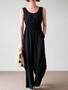 Casual Round Neck Elastic Waist Pocket Plain Wide-Leg Jumpsuit