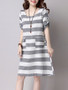 Casual Patch Pocket Striped Roll-Up Sleeve Shift Dress