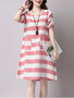 Casual Patch Pocket Striped Roll-Up Sleeve Shift Dress