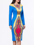 Casual Boat Neck Color Block Tribal Printed Bodycon Dress