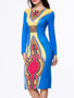 Casual Boat Neck Color Block Tribal Printed Bodycon Dress