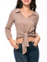 Casual V-Neck Exposed Navel Plain Tie Blouse