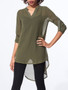 Casual Split Neck Plain roll-up sleeve dip hem blouse