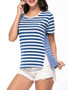 Casual Vented Striped Round Neck Short Sleeve T-Shirt