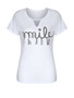 Casual Designed Letters Printed Keyhole Short Sleeve T-Shirt