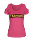 Casual Open Shoulder Color Block Letters Short Sleeve T-Shirt