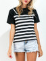 Casual Black White Crew Neck Striped Short Sleeve T-Shirt