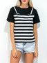 Casual Black White Crew Neck Striped Short Sleeve T-Shirt