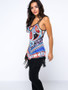 Casual Spaghetti Strap Fringe Keyhole Tribal Printed Sleeveless T-Shirt