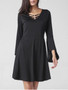 Casual Bell Sleeve V-Neck Solid Skater Dress In Black