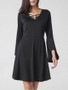 Casual Bell Sleeve V-Neck Solid Skater Dress In Black