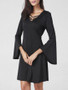 Casual Bell Sleeve V-Neck Solid Skater Dress In Black