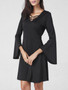 Casual Bell Sleeve V-Neck Solid Skater Dress In Black