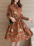 Casual Tie Collar Printed Chiffon Shift Dress