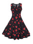 Casual Sweet Heart Pleated Bodice Heart Printed Skater Dress