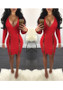 Casual Red Drawstring Lace-up Prom Evening Party Plunging Neckline Polyester Midi Dress