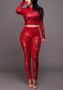 Red Geometric Sequin Two Piece High Waisted Party Long Jumpsuit