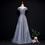 Silver Boat Neck Lace up Back A Line Short Sleeves Luxury Evening Dress