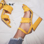 LALA IKAI Women Ruffles Square Heel Solid Fashion Buckle Strap Ladies Sandals