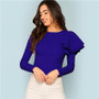 Blue Long Sleeve Office Ladies Zip Back Ruffle One Sleeve Blouse