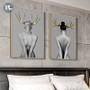 Nordic Antlers girls Figuars wall art Canvas Painting  Prints Posters Black White Nude art Pictures for Living Room Morden Decor