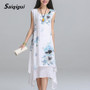 Saiqigui Summer dress New Fashion sleeveless women dress casual cotton Linen dress Printed o-neck plus size vestidos de festa
