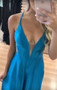 Elegant Simple Blue Elastic Satin Spaghetti Strap A-line Prom Dresses,PD00298