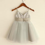 Sparkly Spaghetti Strap V- Neck Light Gray Tulle Flower Girl Dresses With Handmade Flower Sash, FGS027