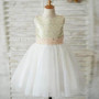 Lovely Lace Sleeveless  Open Back Sequins Tulle Flower Girl Dresses With Bow Sash, FGS028
