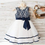 Fashion Lovely Navy  Lace Sleeveless Round Neck  Flower Girl Dresses With Bow Sash, FGS034