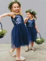 Navy Sequin Tulle Round Neck Short Flower Girl Dresses, FGS060