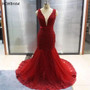 Burgundy Mermaid Dress Evening V Neck Sweep Train Beaded Appliques Tulle Long Formal Prom Gowns