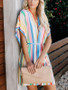 Loose Rainbow Stripes V Neck Womens Self-Belt Shirt Sundress Mini Dress