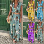 Bohemian Retro Ethnic Wind Holiday Wind V Neck Loose Waist Long Dress