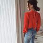 Back Bow Bandage Blouse Long Sleeve Casual Shirts