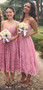 Dusty Rose Spaghetti Strap Lace Tea Length Bridesmaid Dresses, AB4024