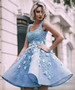 Sky Blue Beaded Appliques Handmade Flowers Stunning Homecoming Dresses,BD00111