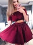 Burgundy Off Shoulder Two Piece Sweet Homecoming Dresses,BD00135