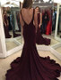 Long Burgundy V-Back Mermaid Simple Formal Evening Prom Gown Dress, PD0215