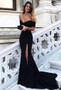 Sexy Leg Slit Long Mermaid Evening Dress Off Shoulder Prom Gowns Black Prom Dresses