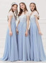 Blue Sweetheart Cap Sleeves A-line Bridesmaid Dresses Long Prom Dresses